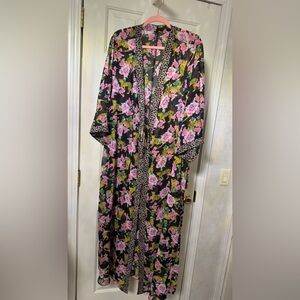 Floral & Leopard Trim Long tie front Kimono- Pink on Black